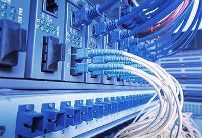 A technology center with fiber optic equipment