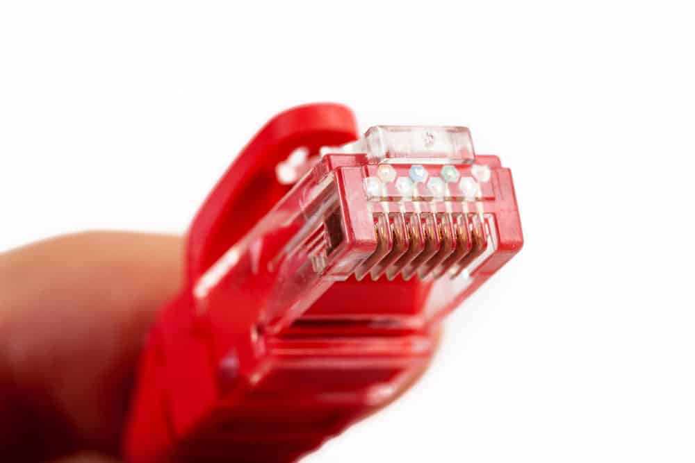  Crimped red Ethernet connector on unshielded twisted pair cable