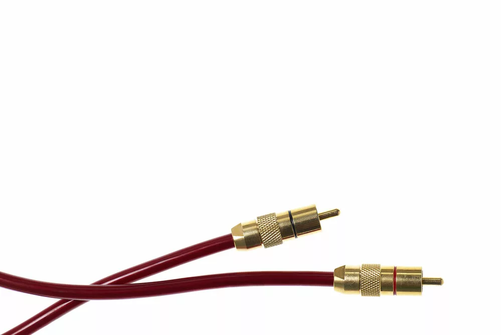 Red audio cable with metal connectors