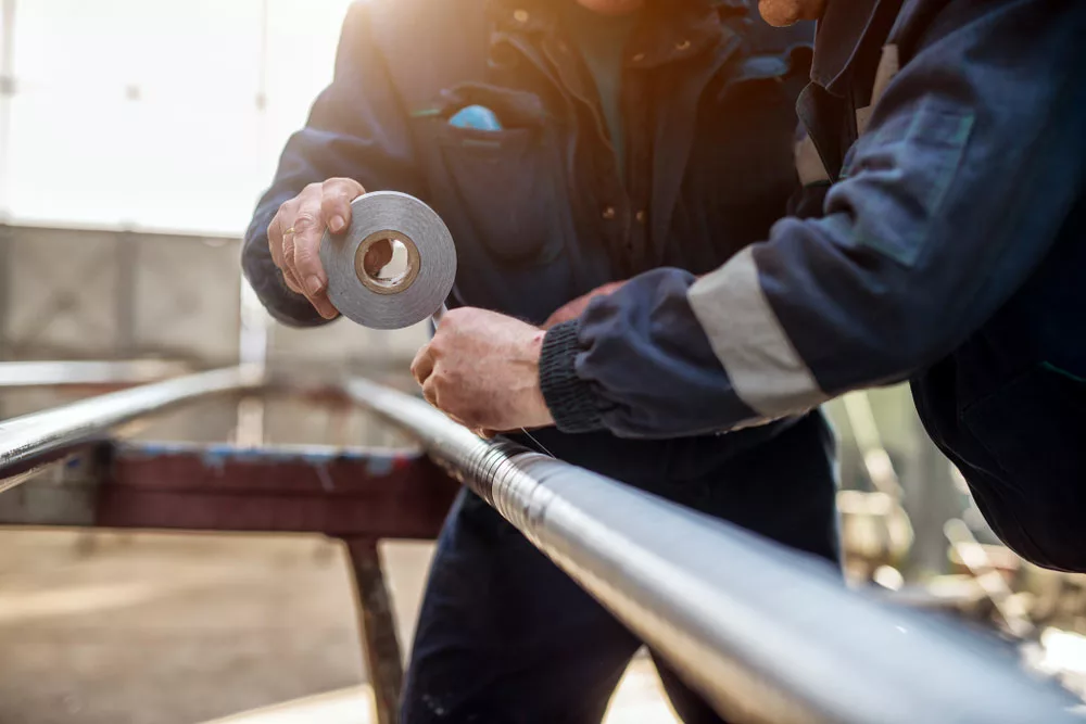 Workers using duct tape