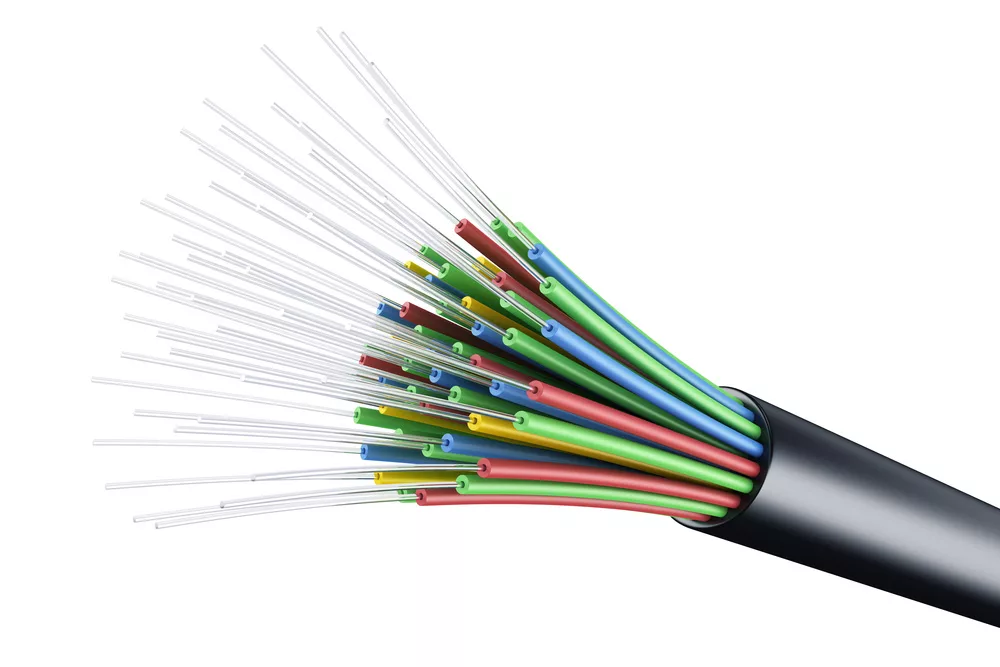 3D rendering of a fiber optic cable on a white background