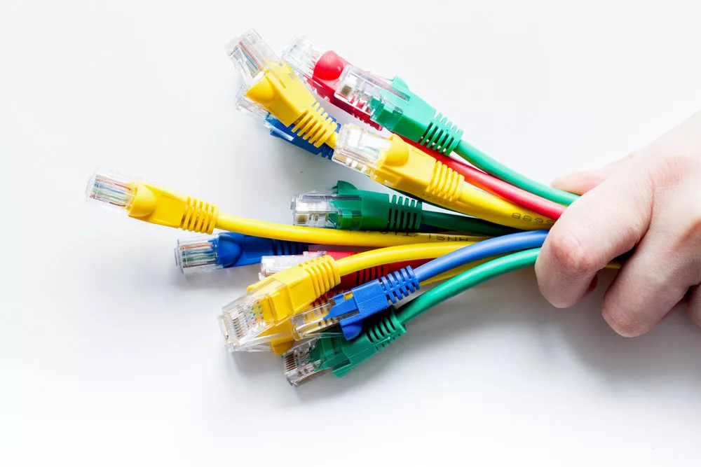 A hand holding multiple ethernet cables