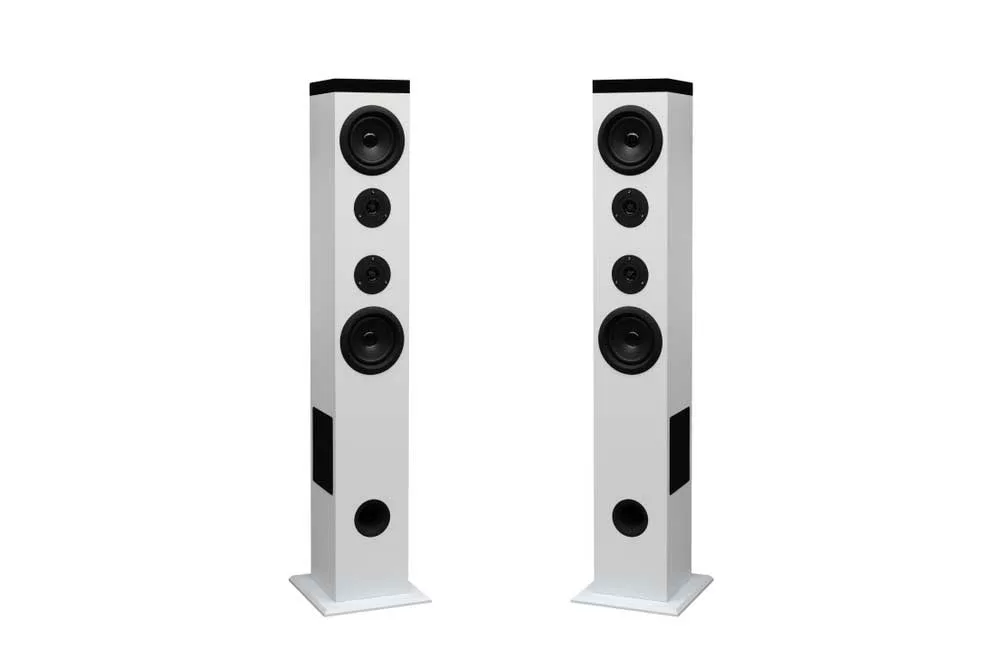 Title: White floor-standing speakers