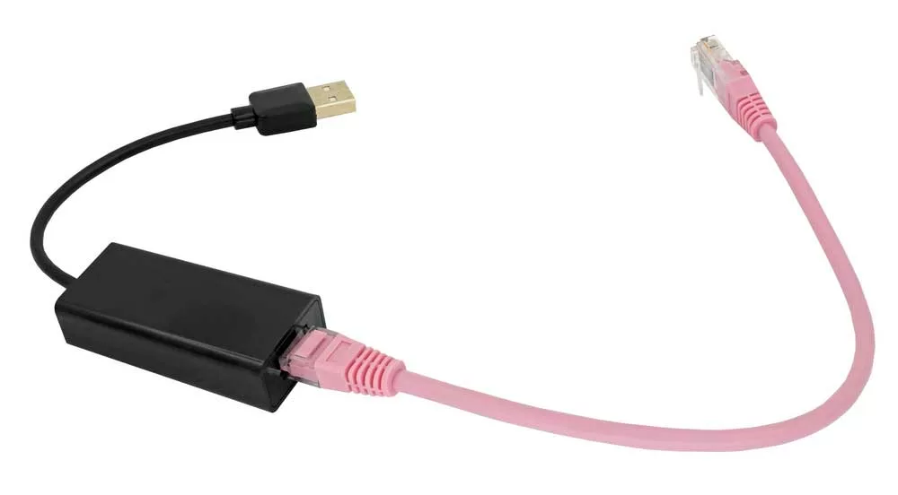 A USB to Ethernet adapter with an ethernet cable